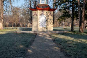 Slavkov Castle view from its park with trees